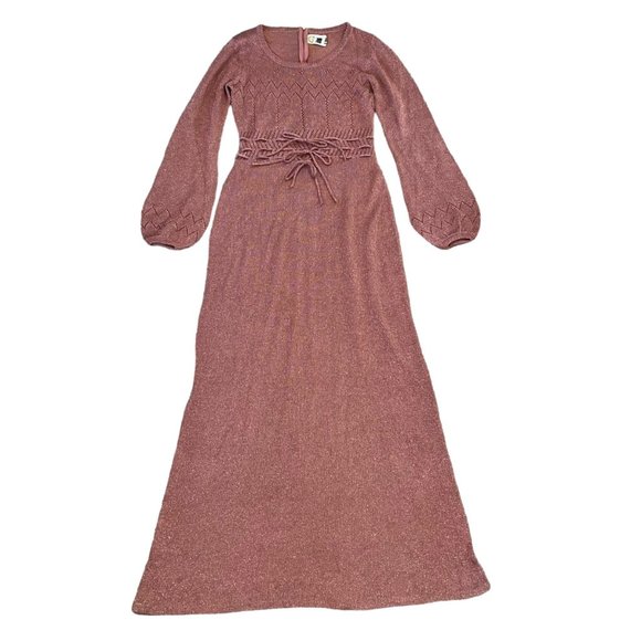 Wenjilli 70s Rose Pink Maxi Metallic Knit Wiggle Dress Balloon Long Sleeve 7/8 - Picture 1 of 13